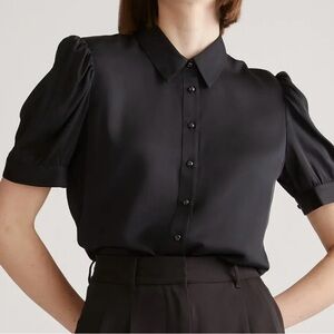 Quince Black Puff Sleeve Washable Silk Blouse Womens size XL